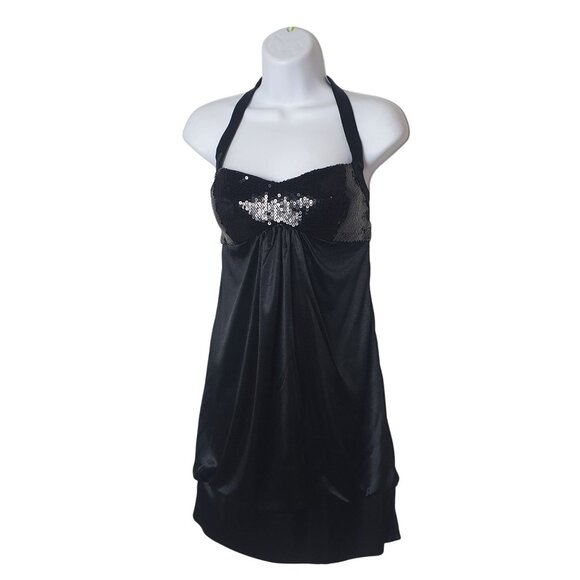 Steppin Out Halter Sequin Dress M Black Vtg Party Cocktail Prom Glam Royalcore - Picture 1 of 4